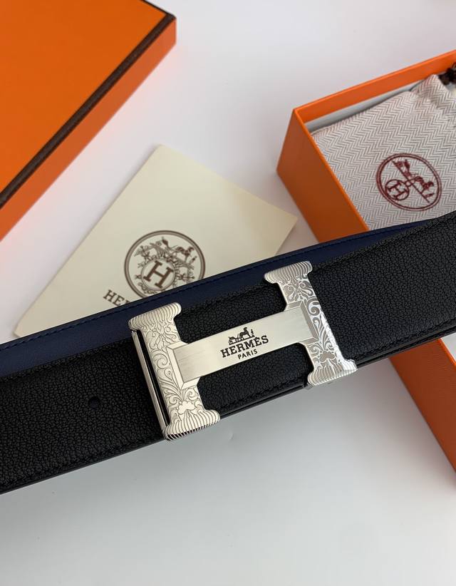 H Home Goat-Patterned Calf Leather Belt, Width 3.8 Cm, Lined With Blue Calf Leat