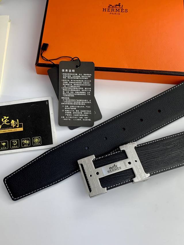 H New Patterned Calfskin Belt, Width 4.0 Cm, Paired With The Latest In-Store Ste