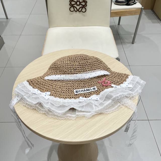 Chanel Sweet And Cute Lace Trim Straw Hat For Women, Summer Wide-Brimmed Sun Hat