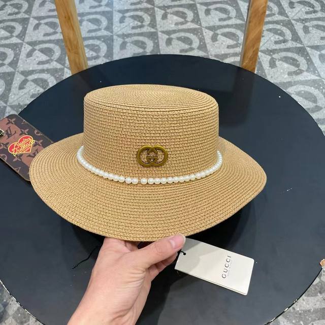 Gucci New Straw Hat, Flat-Top Ceremonial Hat, Imported Grass Weave, Head Circumf