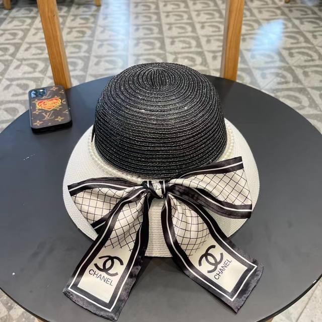 Chanel Socialite-Style Straw Hat, Imported Pp Straw, Paired With Organza Bow, He