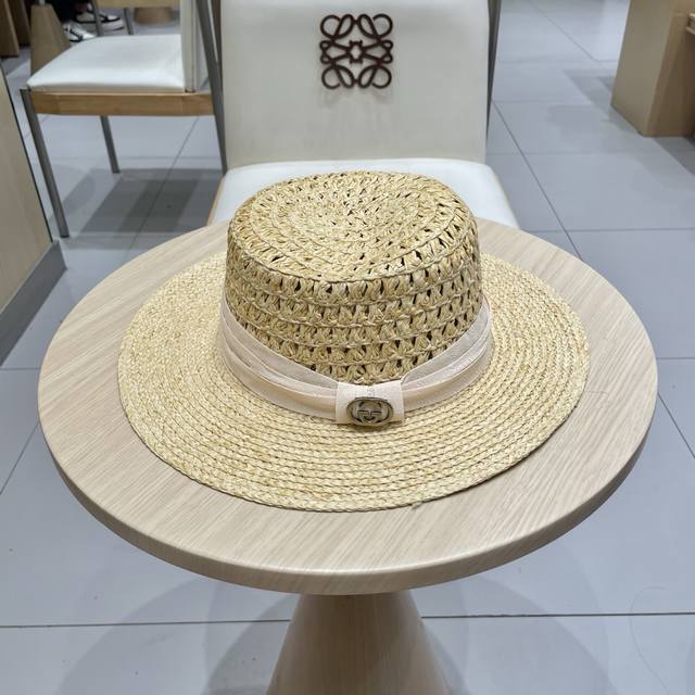Gucci I-Shaped Lace-Woven Flat-Top Straw Hat For Women, 2025 New Summer Beach Va