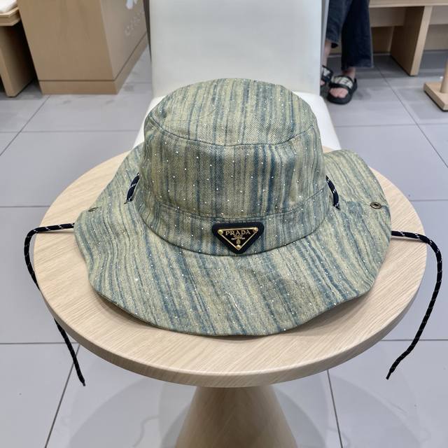 Prada Retro Rhinestone Washed Denim Fisherman's Hat For Women With Wavy Edges, F