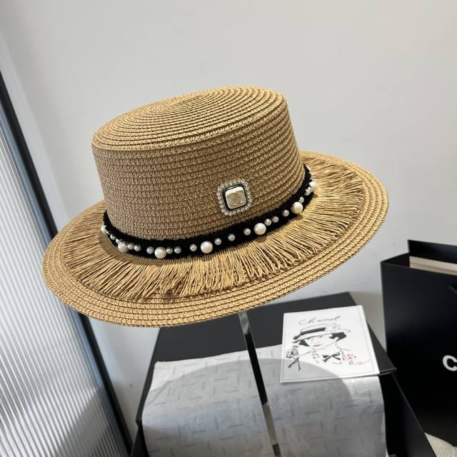Chanel New Flat-Top Straw Hat, Head Circumference 57Cm
