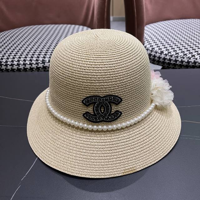 Dior Pearl-Trimmed Straw Hat For Women, Summer Floral Round-Top Sun Hat For Beac