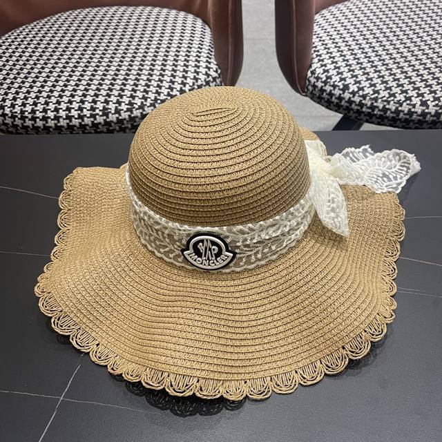 Moncler High-End French-Style Wavy Lace Bow Straw Hat For Women, Summer Large Ha