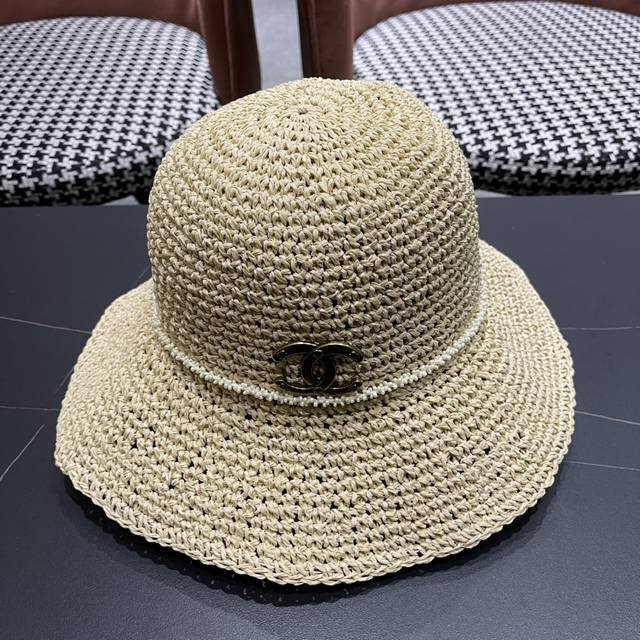 Chanel Straw Hat, Japanese-Style Sweet Pearl Bow Straw Hat For Women, Summer Bea