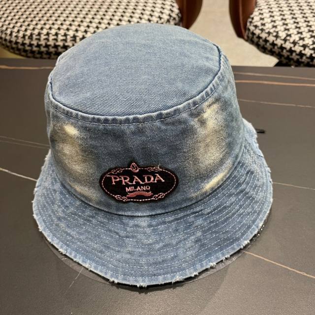 Pr Da Prada Denim Fisherman's Hat, Washed Denim Color, Runway-Inspired Design, S