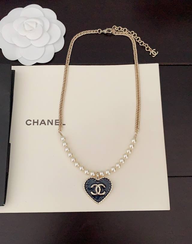 Ch*Nel Latest Denim Blue And Black Heart Pearl Necklace, Consistent Zp Brass Mat