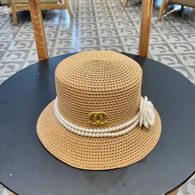 Chanel New Camellia Pearl Chain-Woven Flat-Top Straw Hat, Bucket Hat, Must-Have