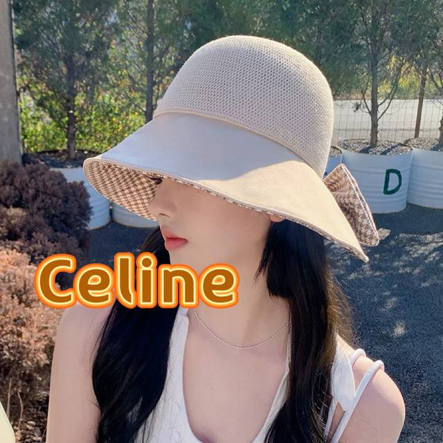 Celine Houndstooth Bow Uv Protection Fisherman's Hat For Women, Wide Brim, Face-