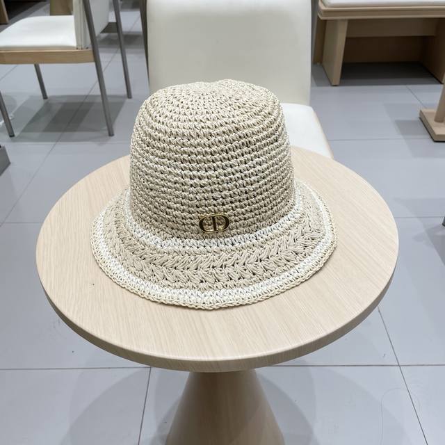 Dior Straw-Woven Fisherman's Hat For Women, Spring Beach Vacation Large Brim Swe