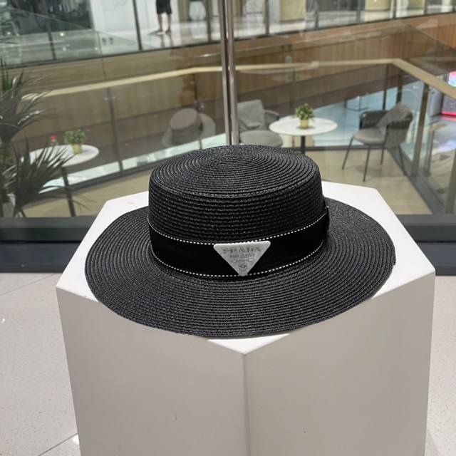 Prada 2025 New Triangle Logo Flat-Top Straw Hat, A Must-Have For Street Style, S