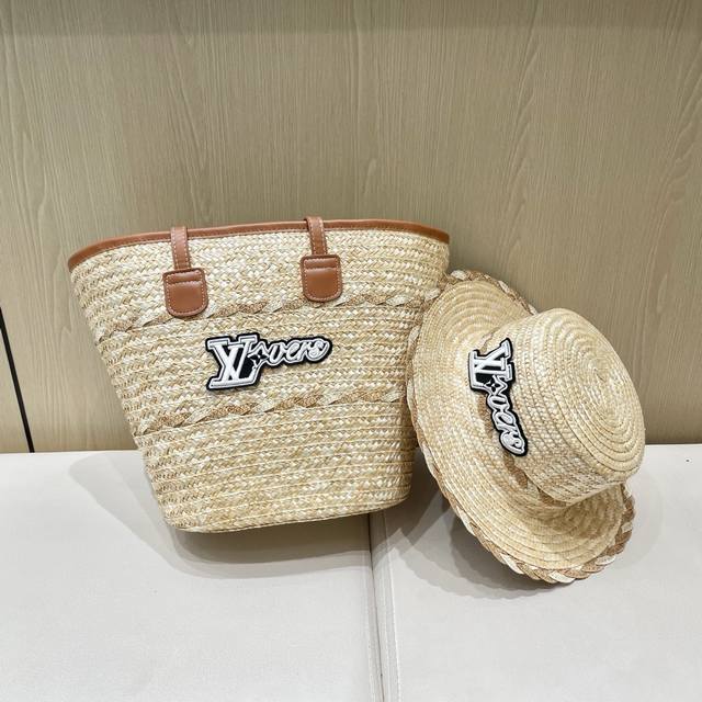 Louis Vuitton Lvlouisvuitton Two-Piece Straw Hat With Beach Bag, New Large Capac