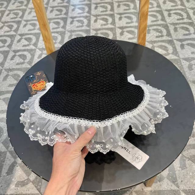 Chanel Pearl Lace Straw Hat For Women With Wide Brim, Uv Protection, Beach Vacat