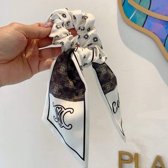 With Packaging Celine Letter-Print Ribbon Ponytail Hairband With Bow, High-End K