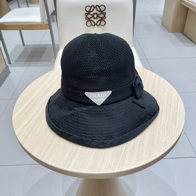 Prada New Korean-Style Knitted Fabric Brim Bow Fisherman's Hat, Sun Hat, Women's