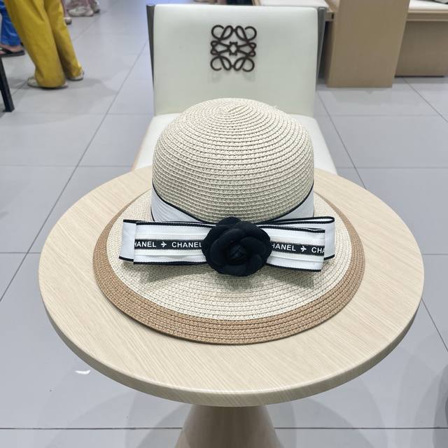 Chanel Camellia Straw Hat, Color-Block Sun Hat, Head Circumference 57Cm