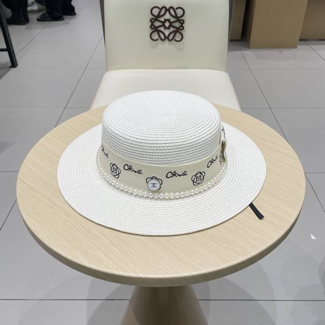 Chanel Flat-Top Straw Hat, Ceremonial Hat, Head Circumference 57Cm