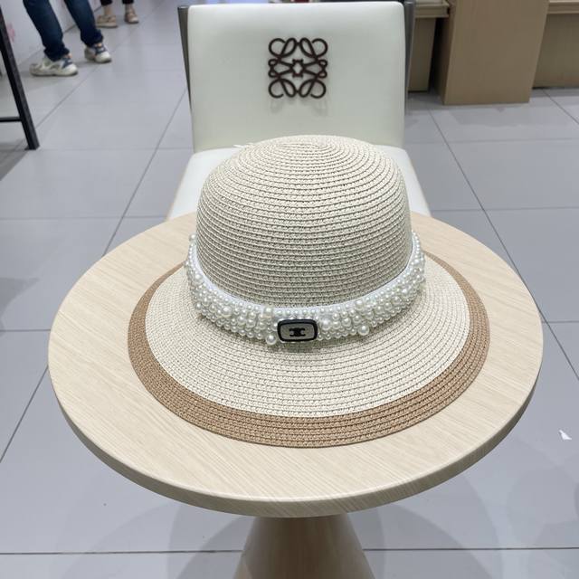 Celine New Straw Hat, Pearl-Trimmed Bucket Hat, Head Circumference 57Cm