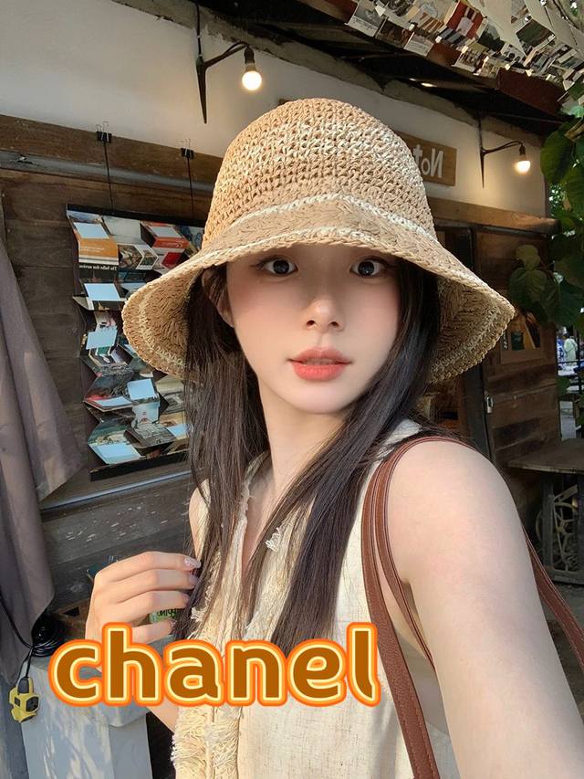 Chanel Chanel Striped Woven Straw Hat For Women, Summer French-Style Lace-Up Wid