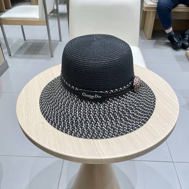 Dior Hepburn-Style Straw Hat Women's Color-Block Fisherman's Hat Summer Uv Prote