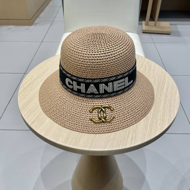 Chanel 2025 New Style Mini Chanel-Style Vacation-Style Bucket Hat Straw Hat, Str