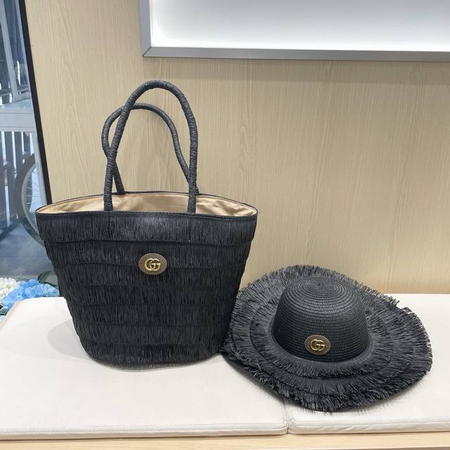 Gucci Authentic Rustic Style Fringe Woven Straw Bag Set, Solid Color, Simple And
