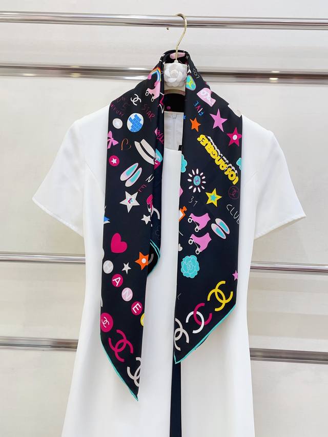 16 Mumi Square Scarf, Small Chanel-Inspired Graffiti Logo, 90% Silk Square Scarf