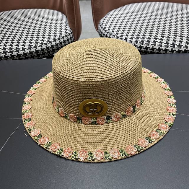 Gucci Summer Flat-Brimmed Wide-Brimmed Straw Hat For Women, Uv Protection, Sun-B