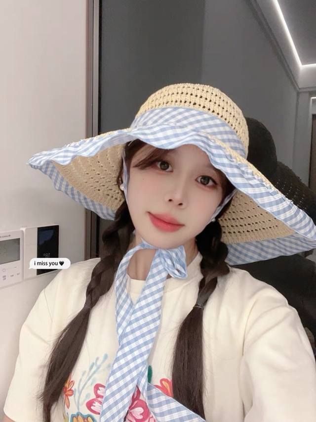 Dior 2025 Spring Festival Blue Ribbon Lace-Up Woven Straw Hat With Wide Brim For