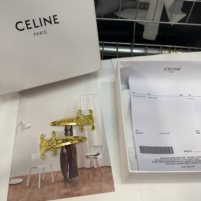With Packaging Box, Pair Celine Triumph Arch Small Side Hair Clip, Classic Retro
