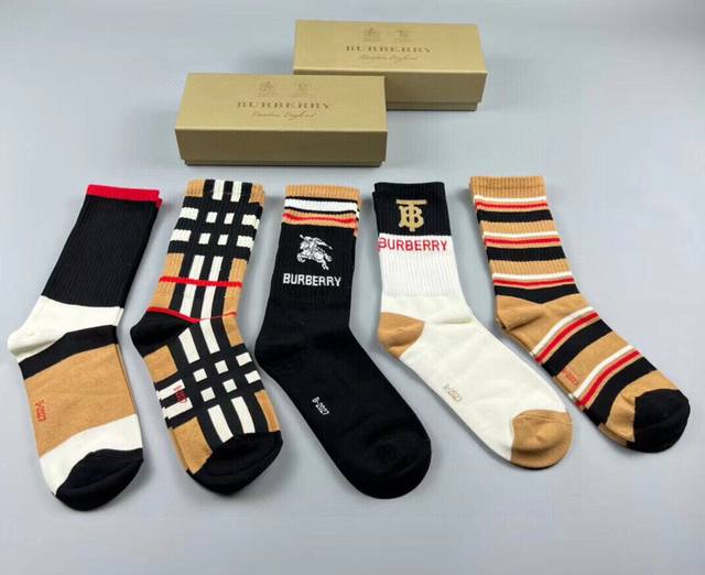 Special Burberry New Women's High Socks, One Box Of Five Pairs Checkered Design