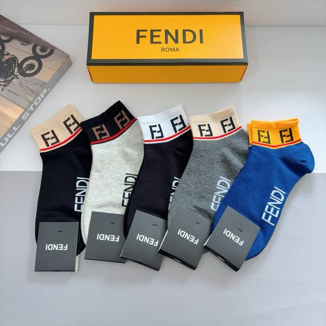 Packaging: 1 Box Of 5 Pairs Fendi Men's Double F Letter Boat Socks, Short Socks,
