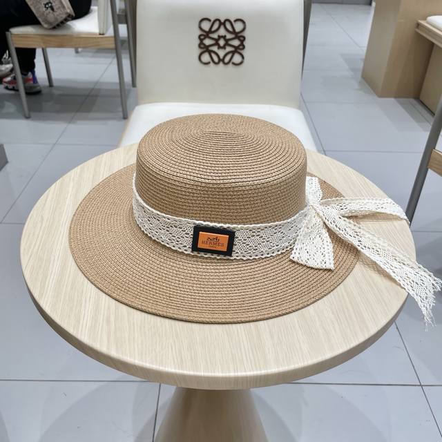 Hermes Hermes Lace-Tie Straw Hat For Women, Summer Beach Vacation Flat-Top Sun H