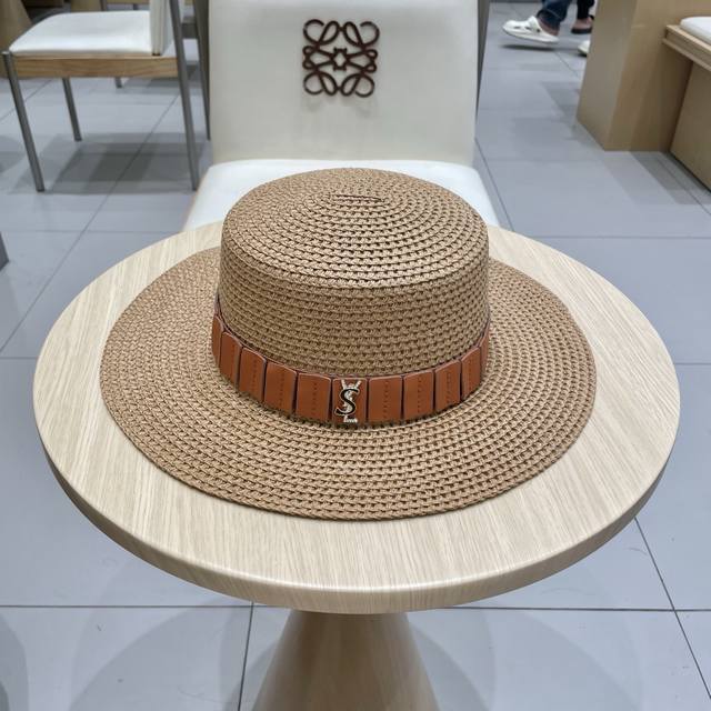 Ysl Saint Laurent New Straw Hat, Leather Strap Bucket Hat, Head Circumference 57