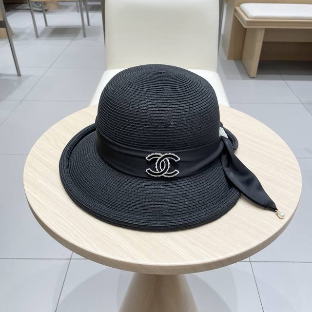 Chanel 2025 Women's Summer New Arrival Straw Hat With Wide Brim, Elegant Bow, Ve