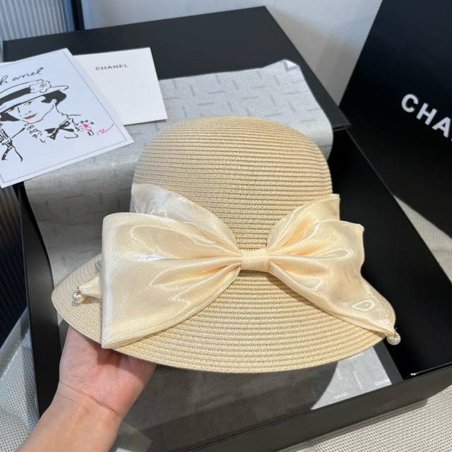 Chanel Straw Hat, Bow-Tied Bucket Hat, Elegant Lady-Style Pp Straw Hat, Head Cir