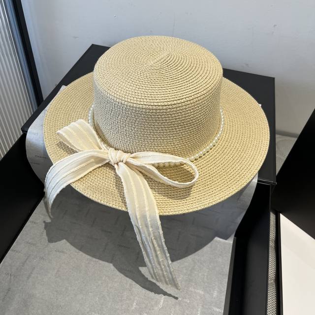 Chanel Flat-Top Ceremonial Hat, Bow-Knot Sun Hat, Head Circumference 57Cm