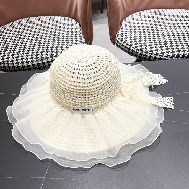 Louis Vuitton 2025 New Lace Wide-Brimmed Hat For Women, Summer Beach Sun Protect