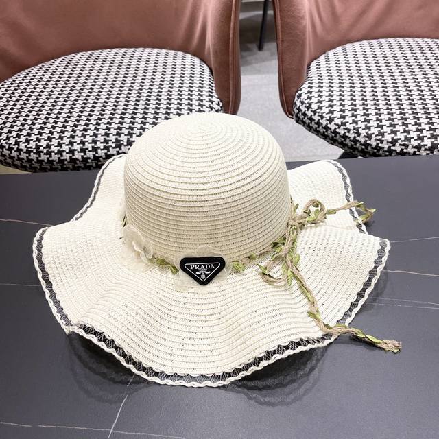 Prada Straw Hat For Women, Summer 2025 New Arrival, Bow-Tie Wide-Brimmed Sun Hat