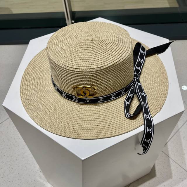 Chanel Flat-Top Hat, Sun Straw Hat, Elegant Lady Style, Head Circumference 57Cm