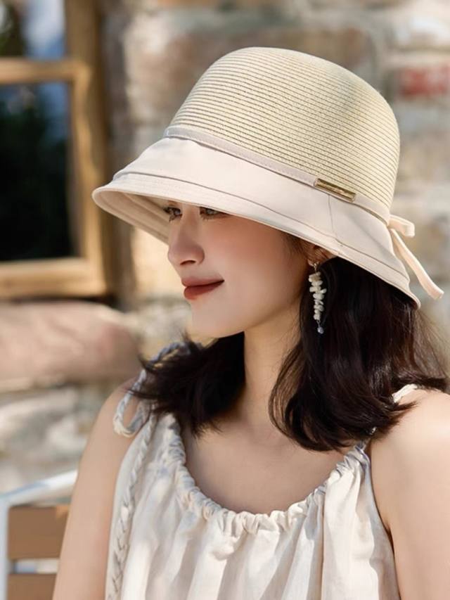 Moncler Elegant Bow-Knot Fabric Straw Hat For Women, Summer Beach Sun Hat With W