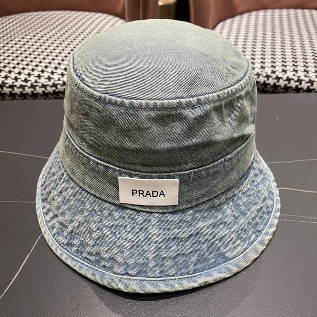 Prada Vintage-Washed Denim Fisherman's Hat Design, Street-Style Niche Bucket Hat