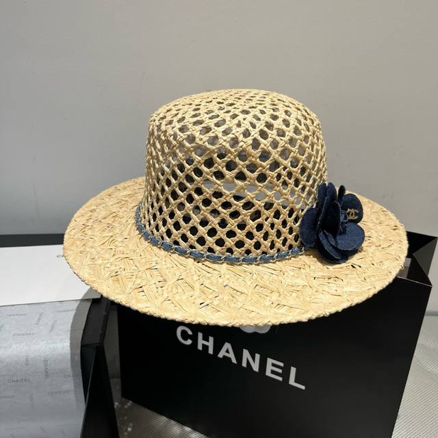 Chanel Raffia Straw Hat, High-End Custom-Made, With Camellia Flowers, Head Circu