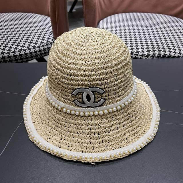 Chanel Raffia Woven Straw Hat For Women With Pearl Summer Sun Protection Beach H