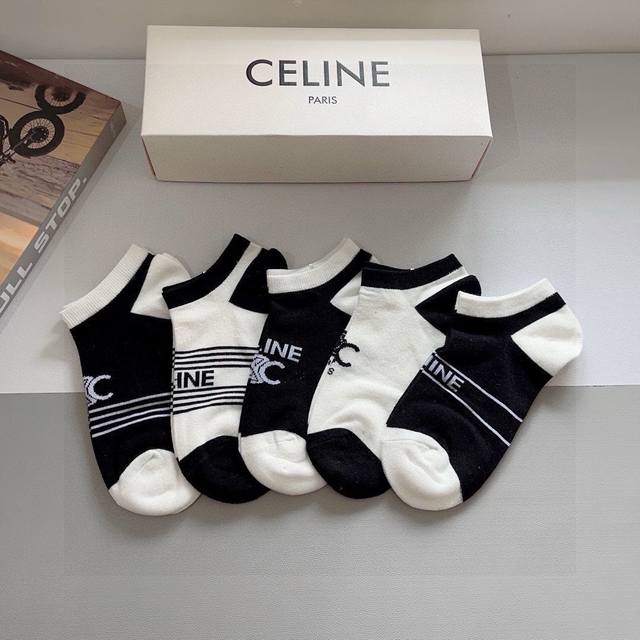 With Packaging, 5 Pairs Per Box Celine New-Style Boat Socks! 100% Cotton Fabric,