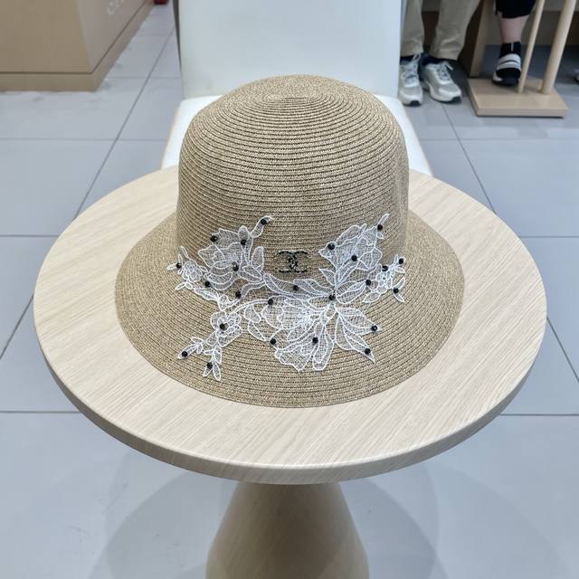 Chanel Straw Hat Sun Hat Women's Foldable Beach Sun Hat Summer Lace Fisherman's