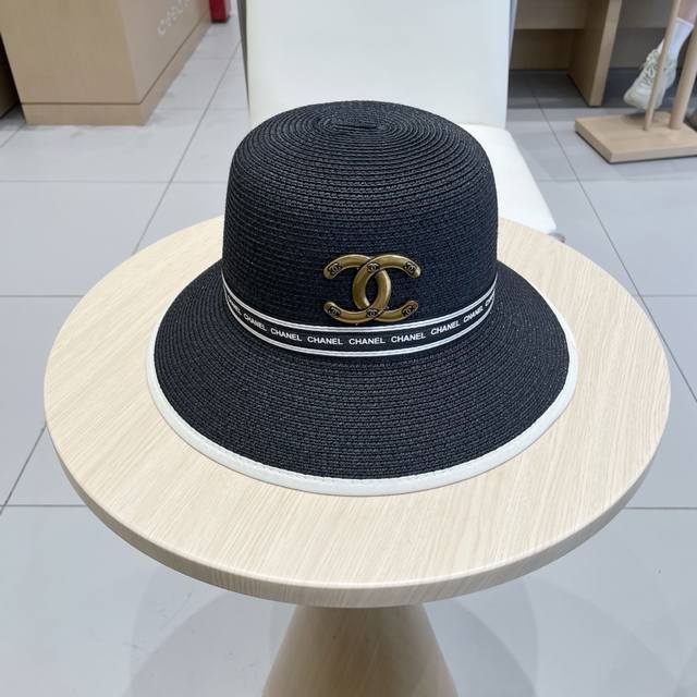 Chanel Straw Hat, Bucket Hat, Elegant Lady-Style Straw Hat, Head Circumference 5