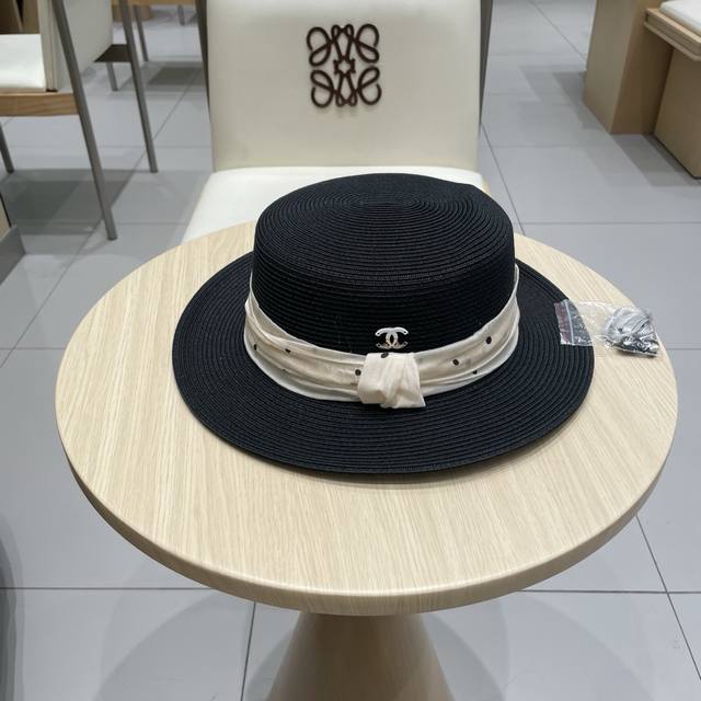 Chanel Chanel Flat-Top Hat For Women, Elegant Polka Dot Straw Hat For Summer, Be